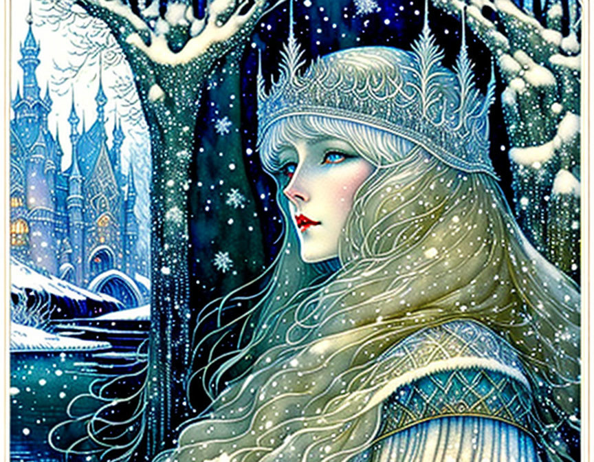 Woman with Crown and Veil in Snowy Landscape with Castle