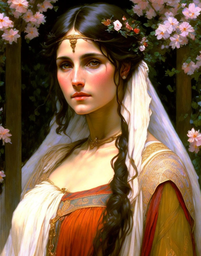 Portrait of woman with long dark hair and white veil in floral headpiece, surrounded by pink flowers.