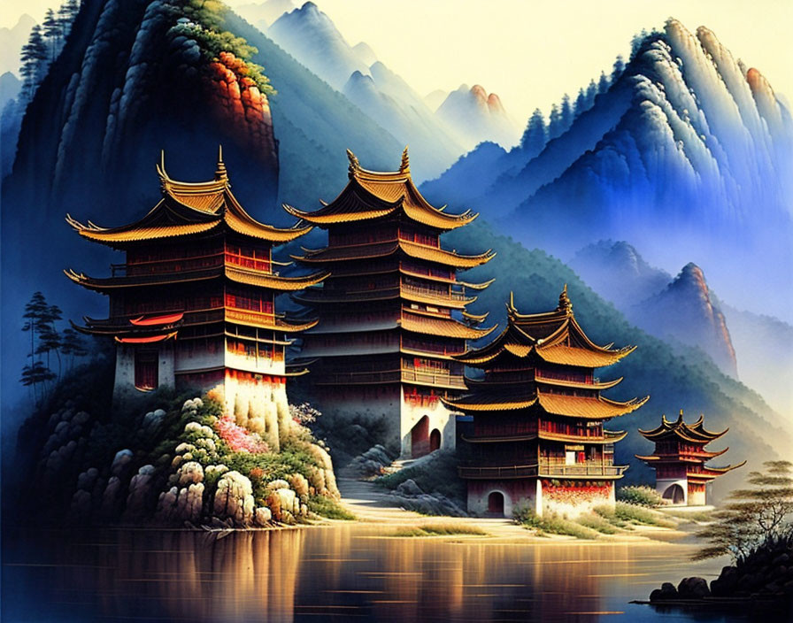 Asian Pagoda-Style Buildings in Misty Mountain Landscape
