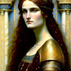 Regal woman with auburn hair, golden crown, and ornate armor on blue background