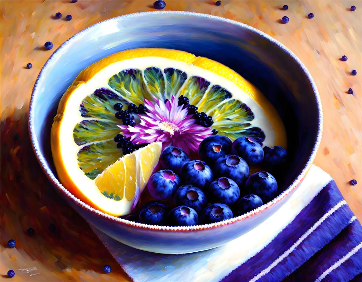 Colorful Fruit Bowl Painting with Citrus, Blueberries, and Flower
