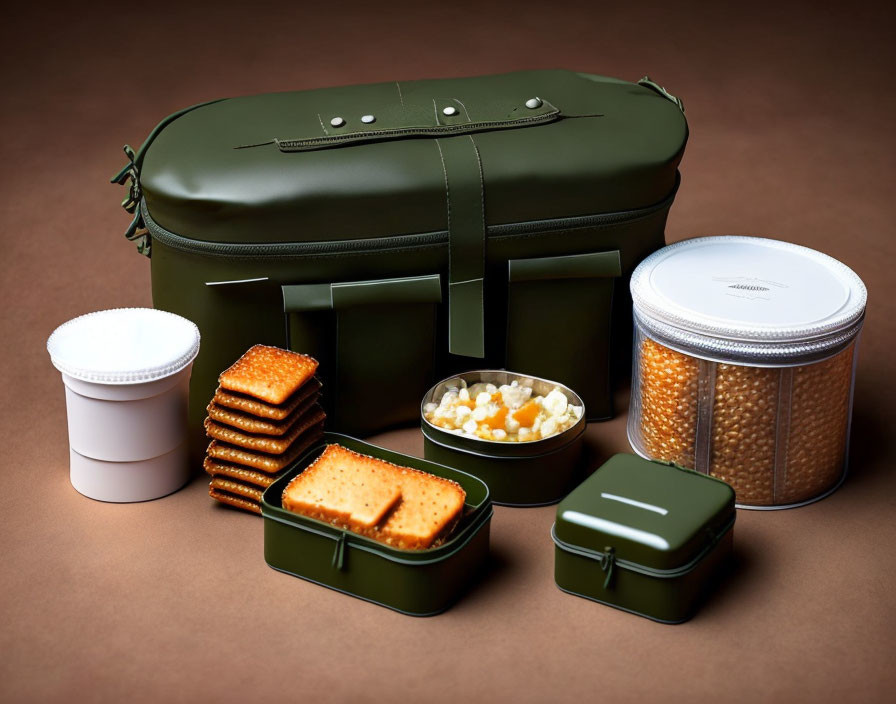 Olive Green Lunchbox with Containers and Snacks on Brown Surface