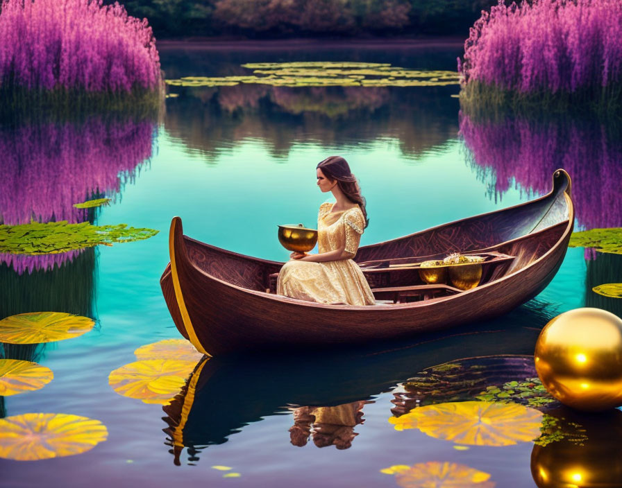 Woman in cream dress sits in wooden boat on tranquil lake with purple trees reflected - golden bowl held.