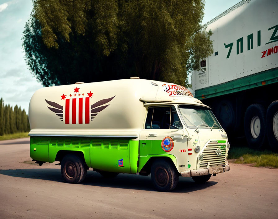 Classic Green and White Tank Truck with Decals on Road