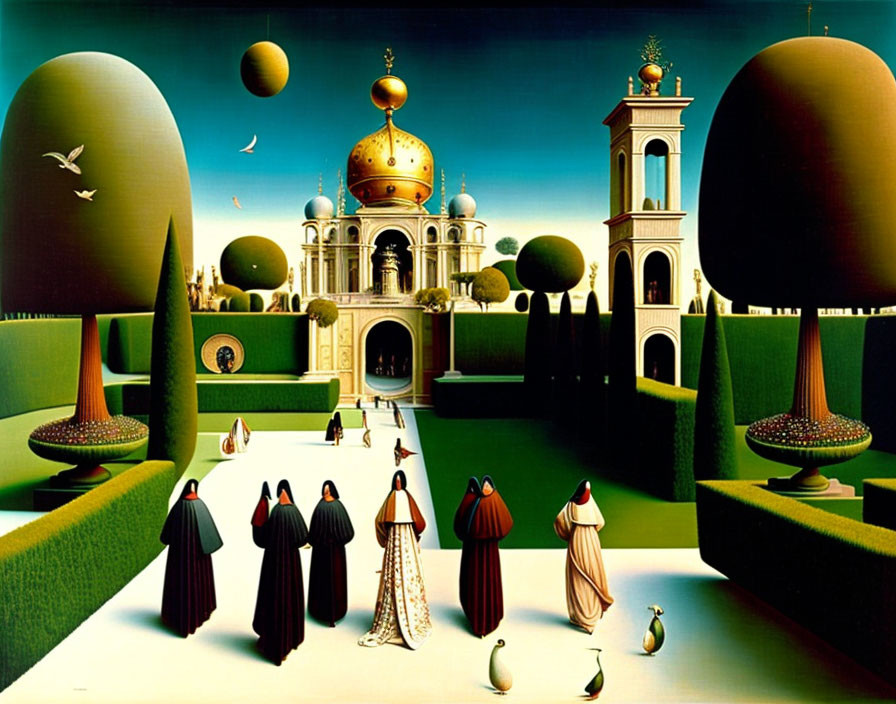 Surreal landscape featuring robed figures, topiary trees, ornate buildings, and floating