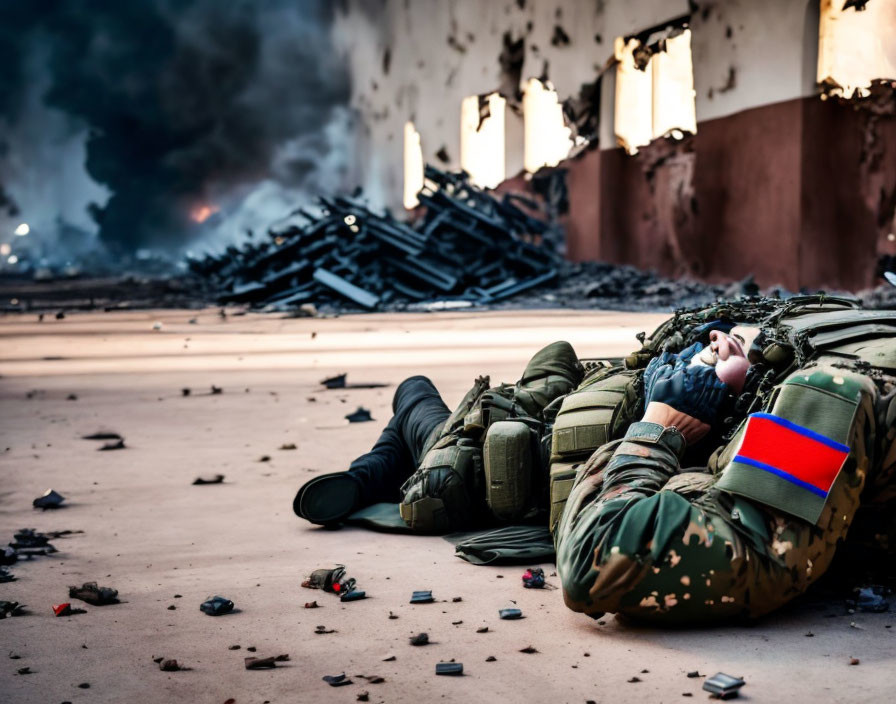 Soldier in combat gear with Russian flag patch holding child's doll in war-torn scene.