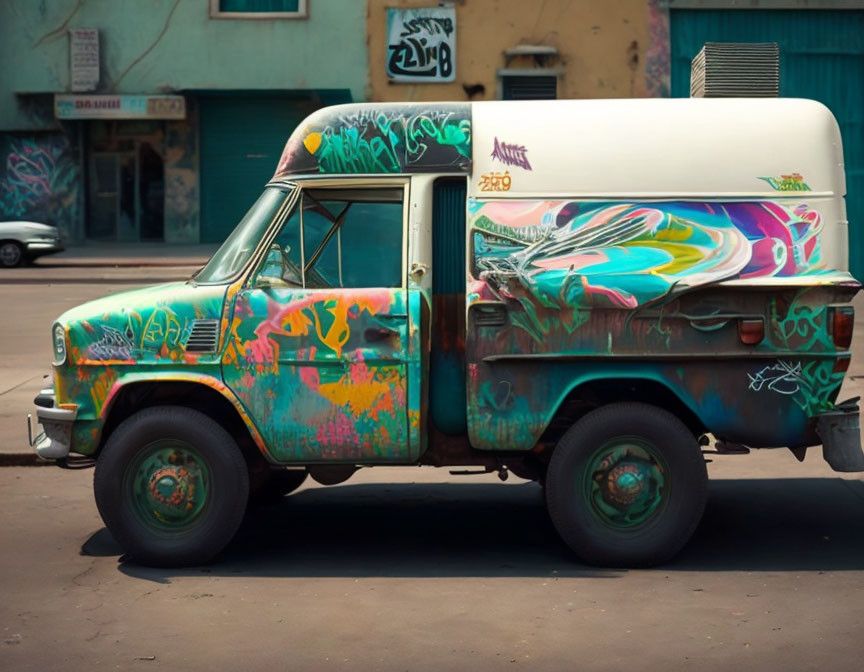 Colorful Graffiti Designs Adorned Van on Street