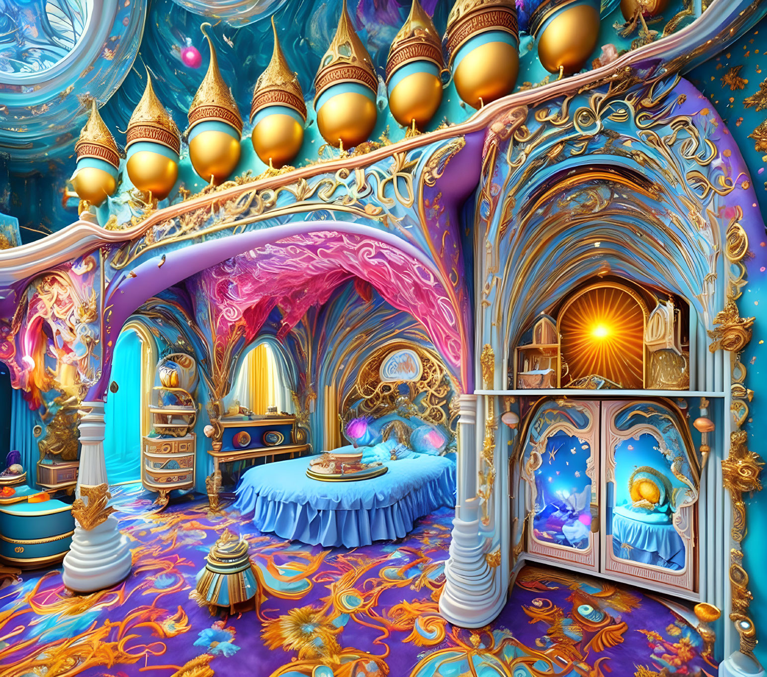 Fantastical room with golden domes, blue and pink architecture, whimsical furniture.