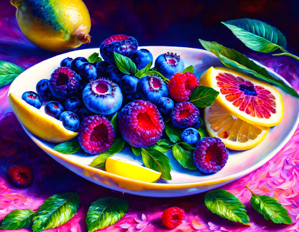 Colorful Fruit Plate with Blueberries, Raspberries, Citrus, and Green Leaves