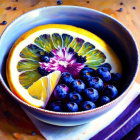 Colorful Fruit Bowl Painting with Citrus, Blueberries, and Flower