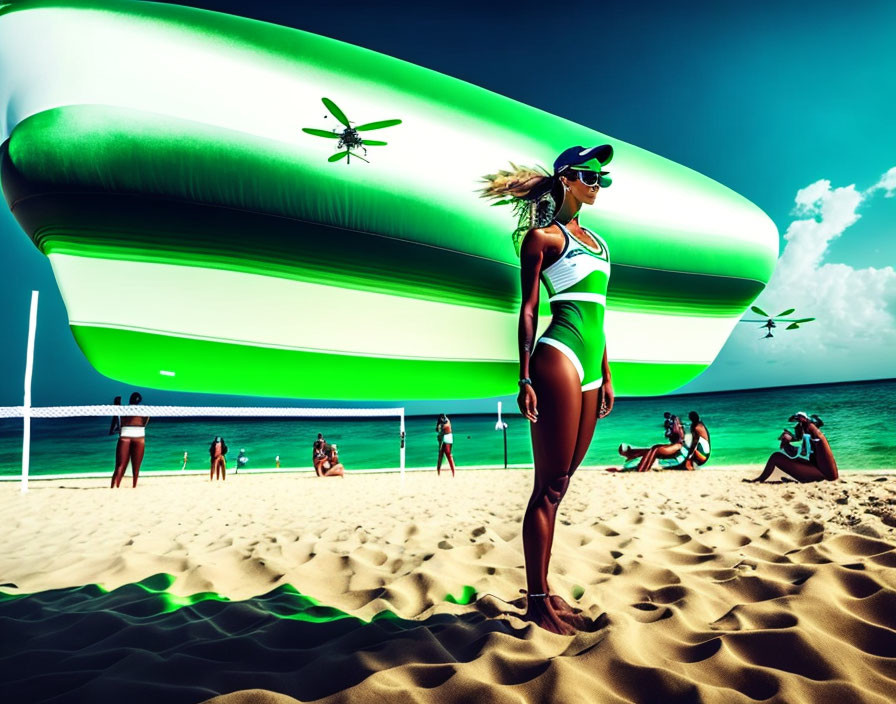 Surreal beach scene with woman in swimsuit, oversized green drones, and volleyball players