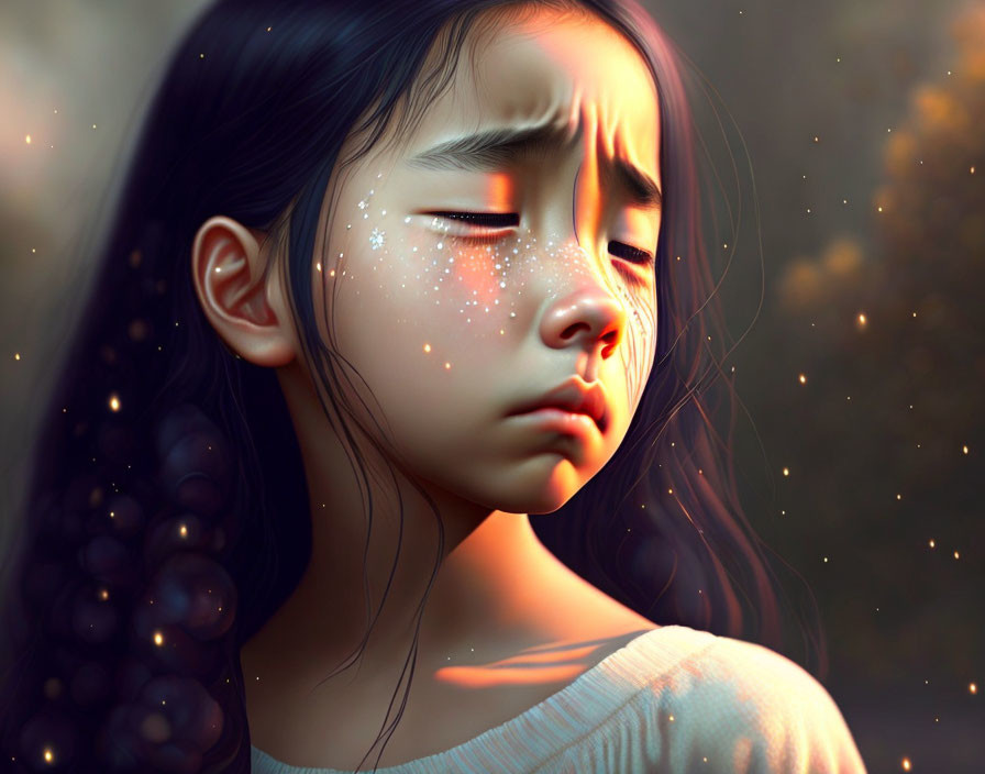 Young girl digital painting with sparkles, serene expression, soft bokeh background
