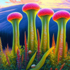Fantastical painting of oversized luminescent mushrooms in a colorful forest landscape