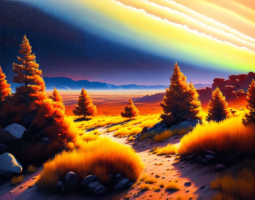 Colorful Sunset Landscape with Aurora Sky and Pine Trees