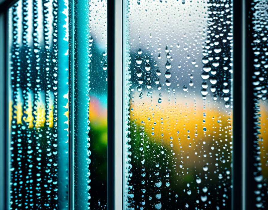 Water droplets on windowpane with blurred greenery and rainbow hints
