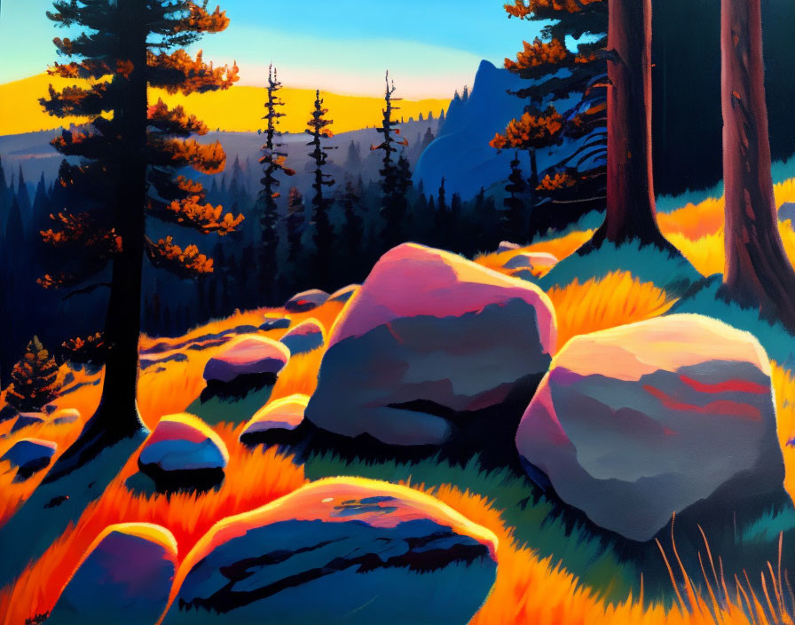 Colorful landscape painting of sunlit boulders, trees, blue mountains, and orange sky