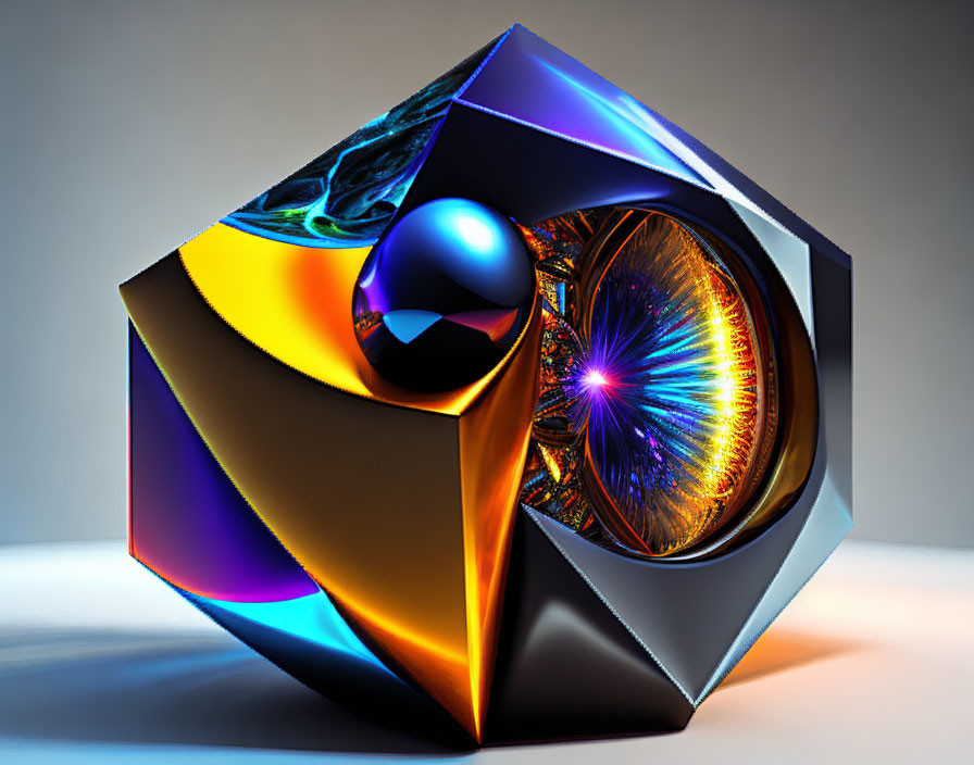 Surreal 3D-rendered metallic object with reflective sphere and dynamic light patterns