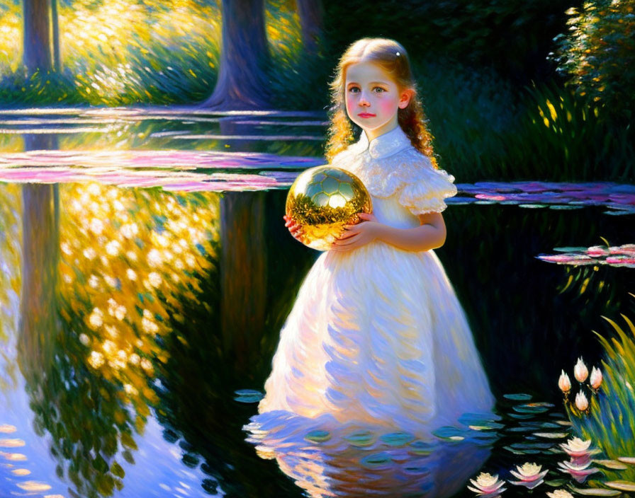 Young girl in white dress holding golden sphere by tranquil pond
