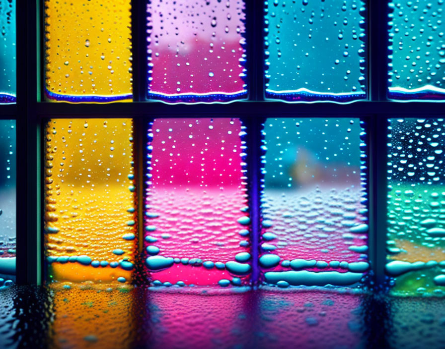 Vibrant reflections on colorful window panes with condensation and raindrops