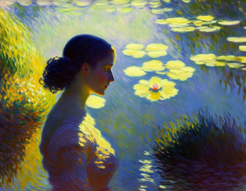 Profile view of woman admiring yellow water lilies in pond with vibrant colors and dreamlike lighting