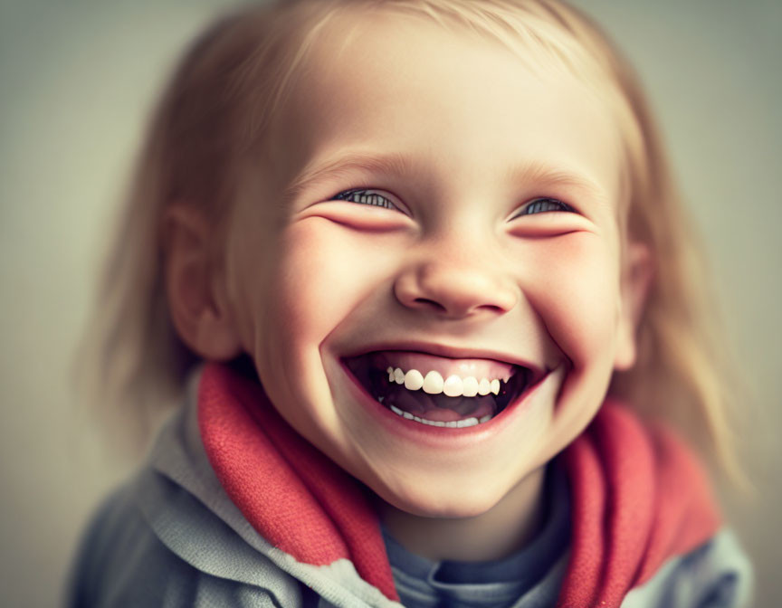Joyful young child with beaming smile and blonde hair in grey hoodie