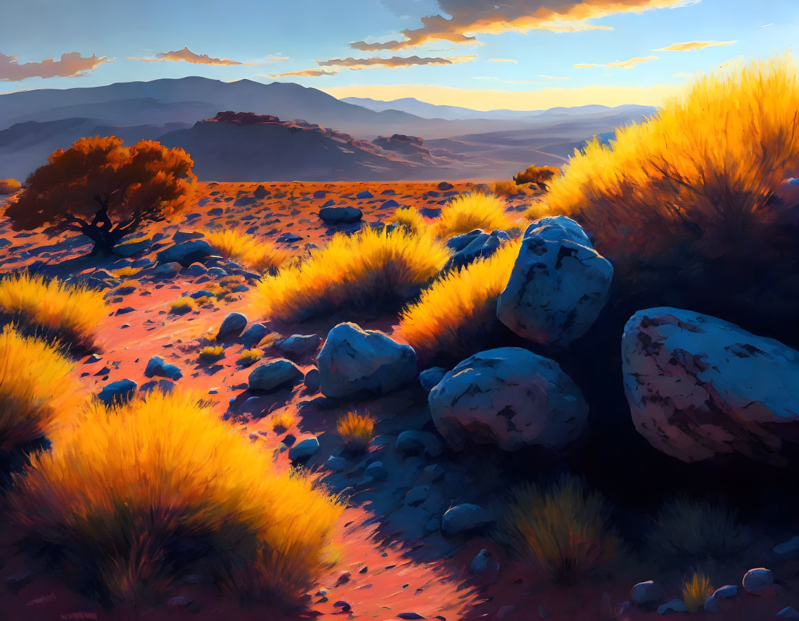 Vibrant desert landscape at sunset with orange light, golden bushes, and large rocks