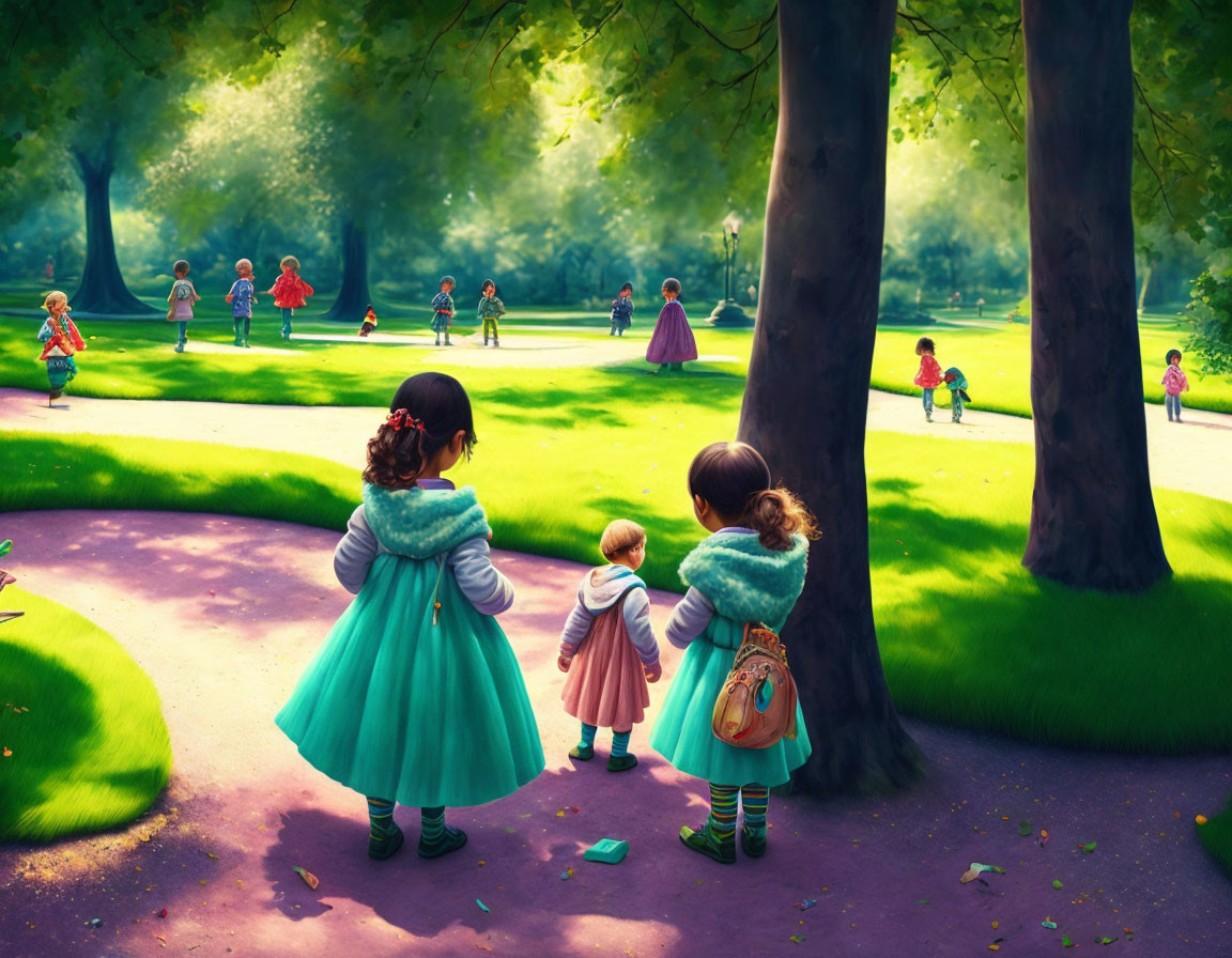Vibrant park scene with young girls and children on sunny day