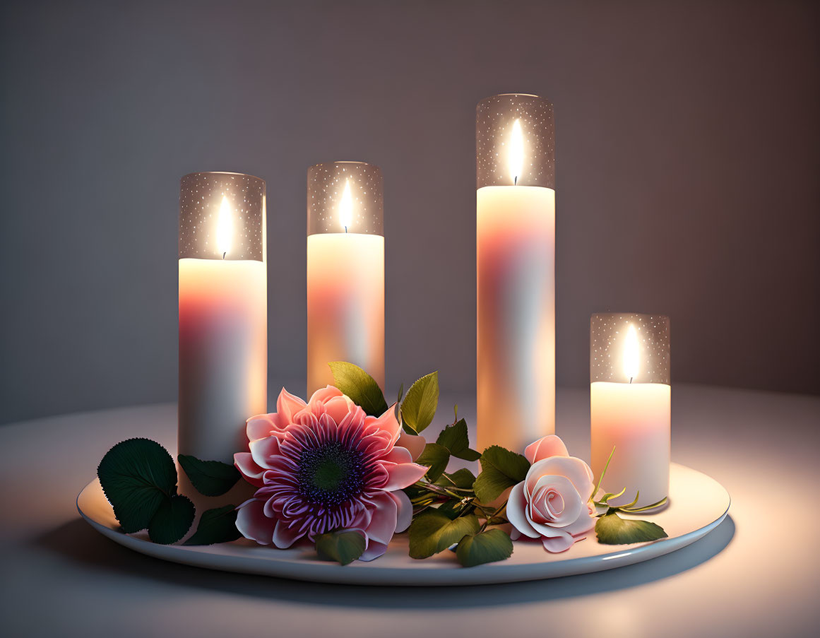 Tranquil candle arrangement with flowers on plate for warm ambiance