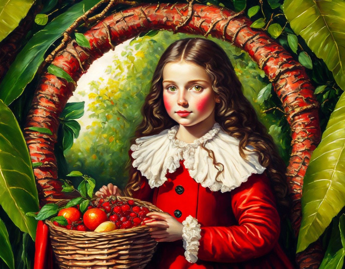Young girl with fruit basket, surrounded by greenery and flowers in red dress.