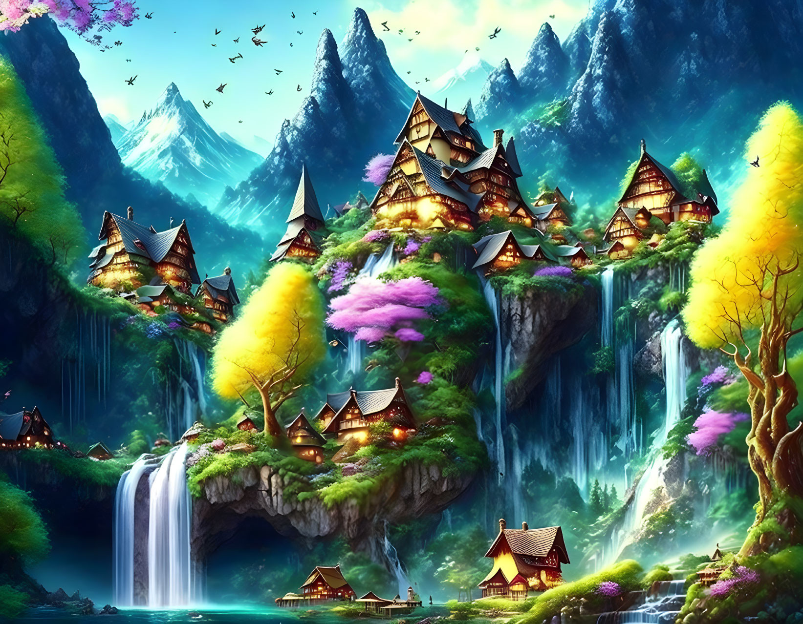 Colorful fantasy landscape with waterfalls, mountains, flora, houses, and birds.