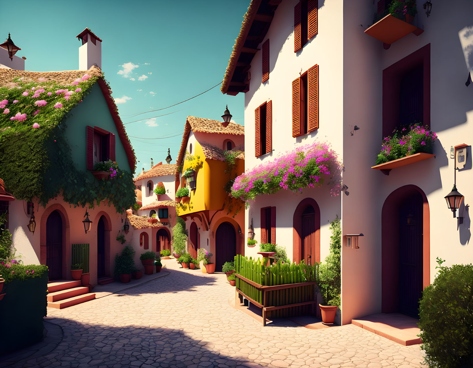Colorful Village Street with Vibrant Flowers and Blue Sky