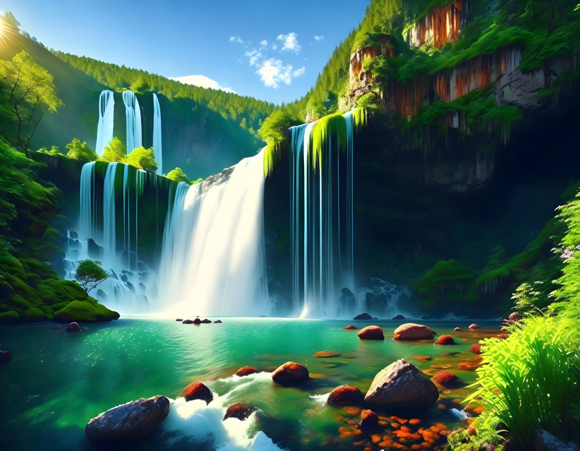 Majestic waterfalls in lush green landscape with serene river