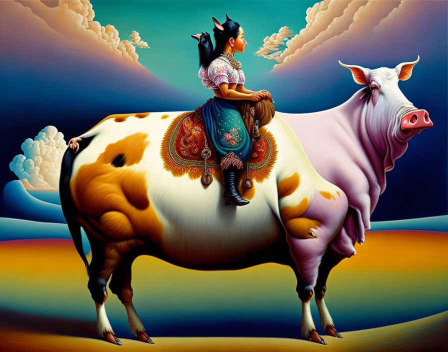 Traditional Attire Woman on Stylized Cow in Colorful Landscape