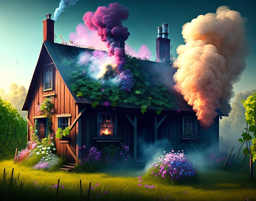 Colorful Cottage Illustration with Vibrant Flowers and Magical Forest Background