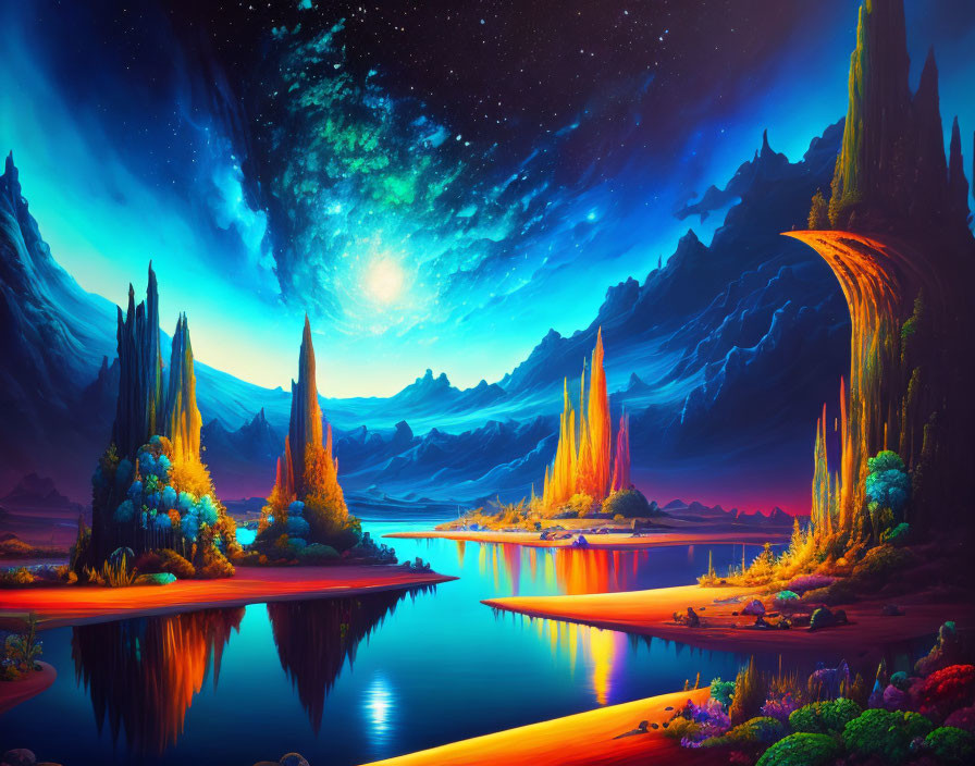 Fantasy landscape with starry night sky, mountains, luminous plants, waterfalls, and reflective
