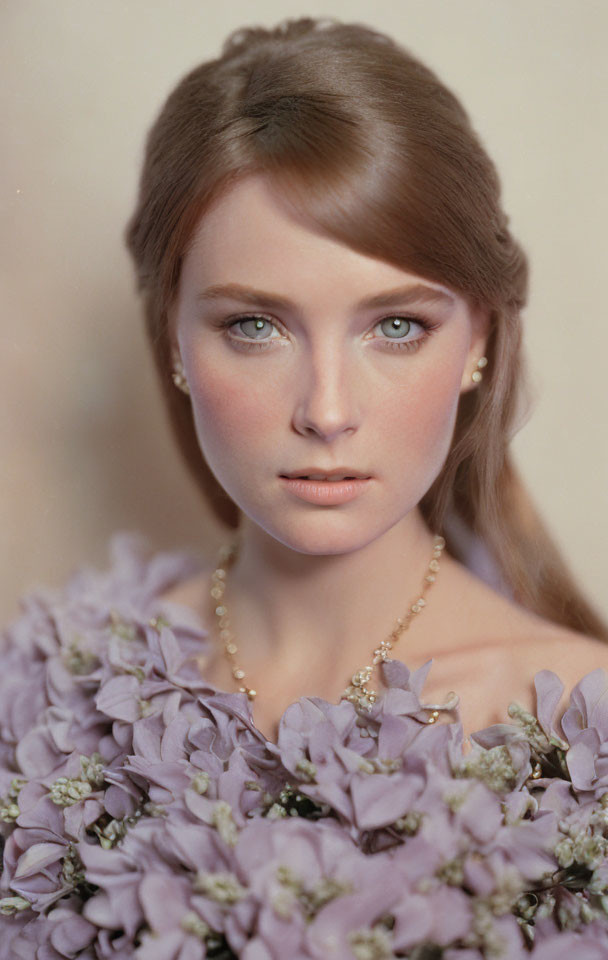 Brown-haired woman with blue eyes and necklace surrounded by lilac flowers