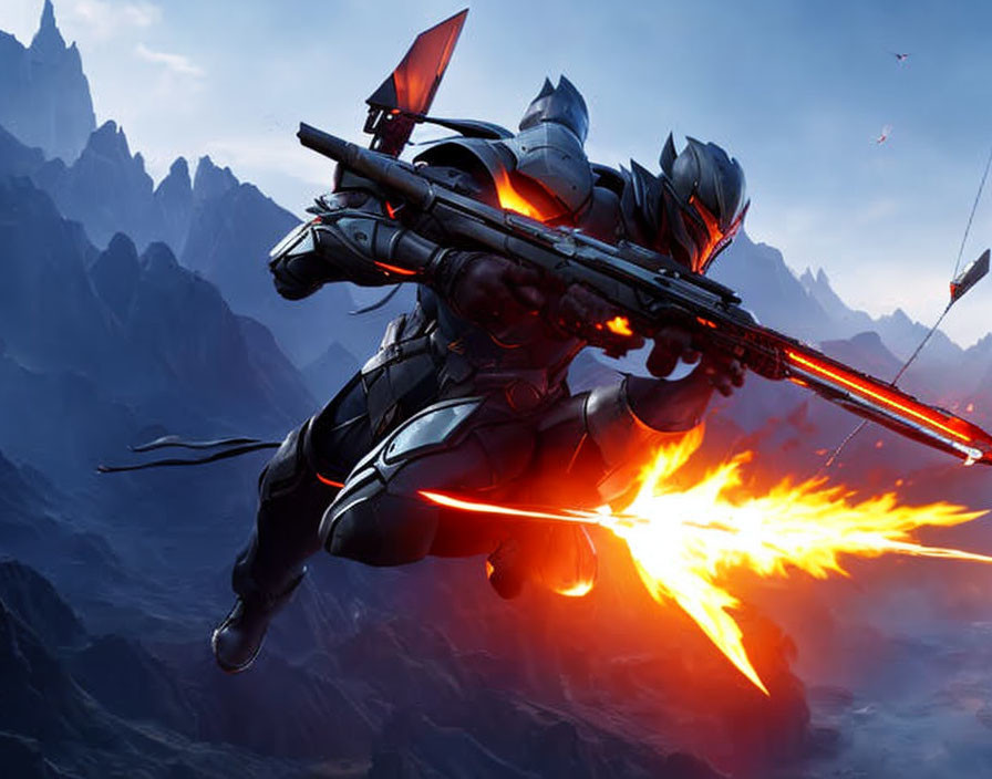 Armored warrior with wings and blazing sword in futuristic landscape