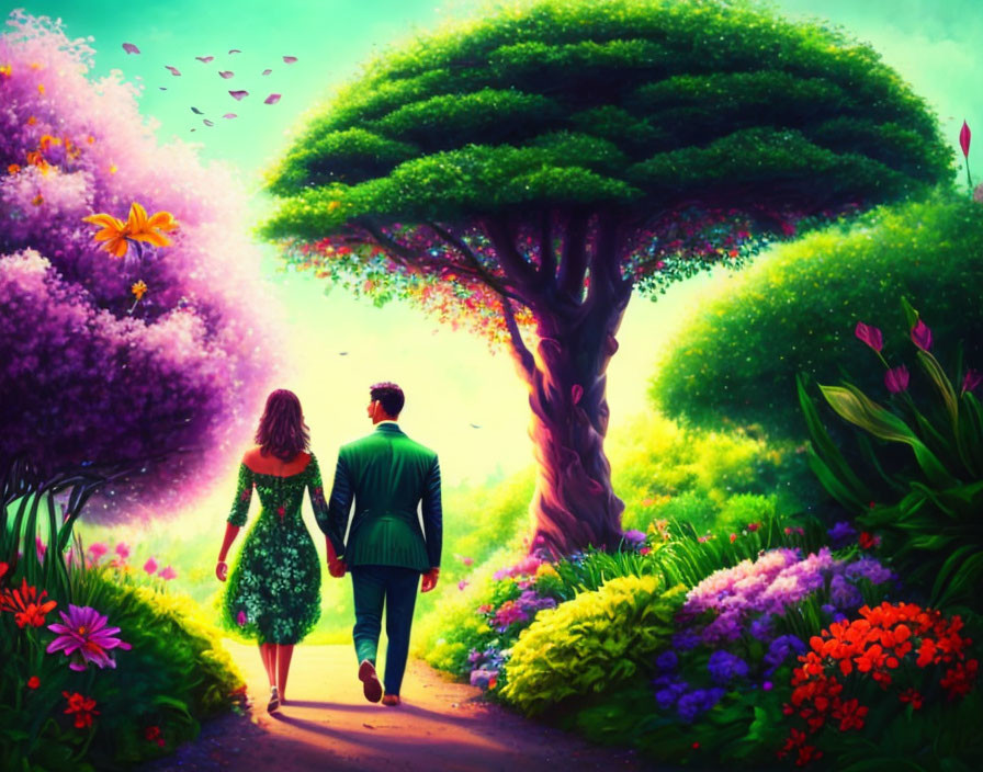 A couple walking on a path in springtime.
