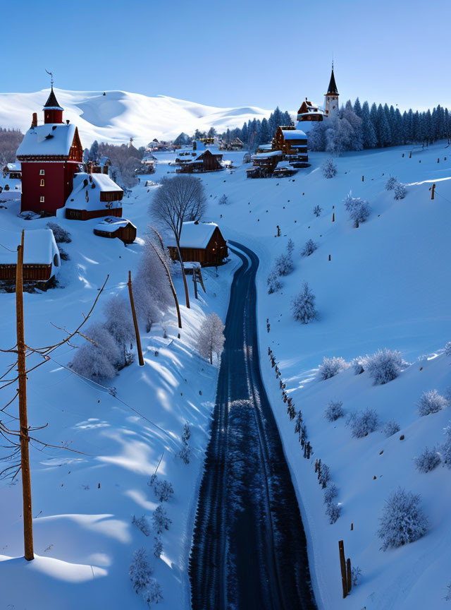 A beautiful snowy village on a sunny day 
