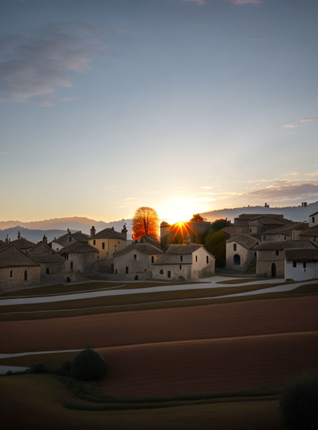 A sunrise over a medieval village in the morning