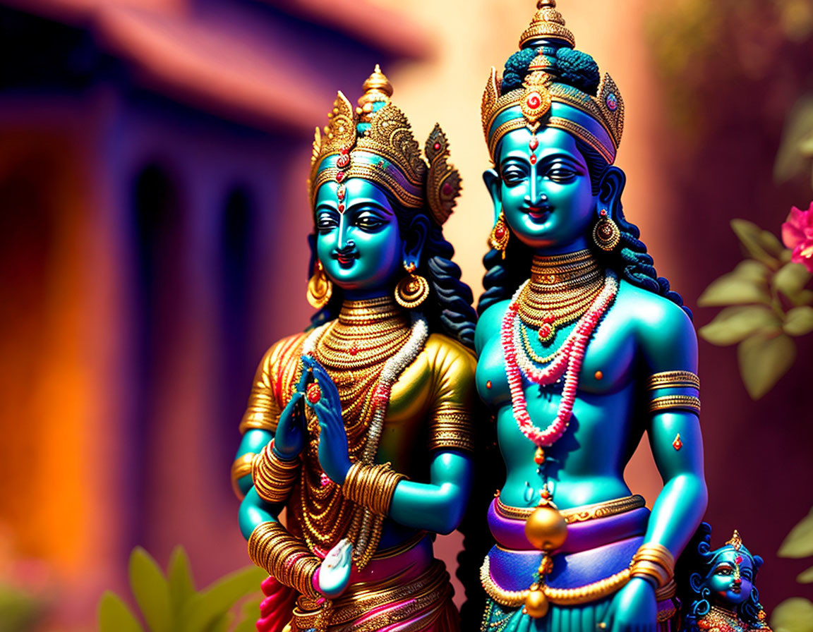 Vibrant statues of Lord Krishna and Radha in traditional attire