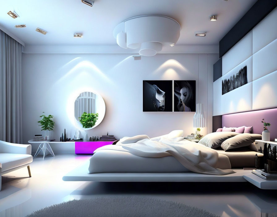 Modern White Bedroom with Large Bed, Art, Ambient Lighting & Minimalist Furniture
