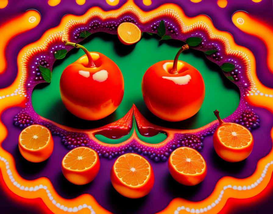 Vibrant background with glossy cherries, purple beads, and orange slices.