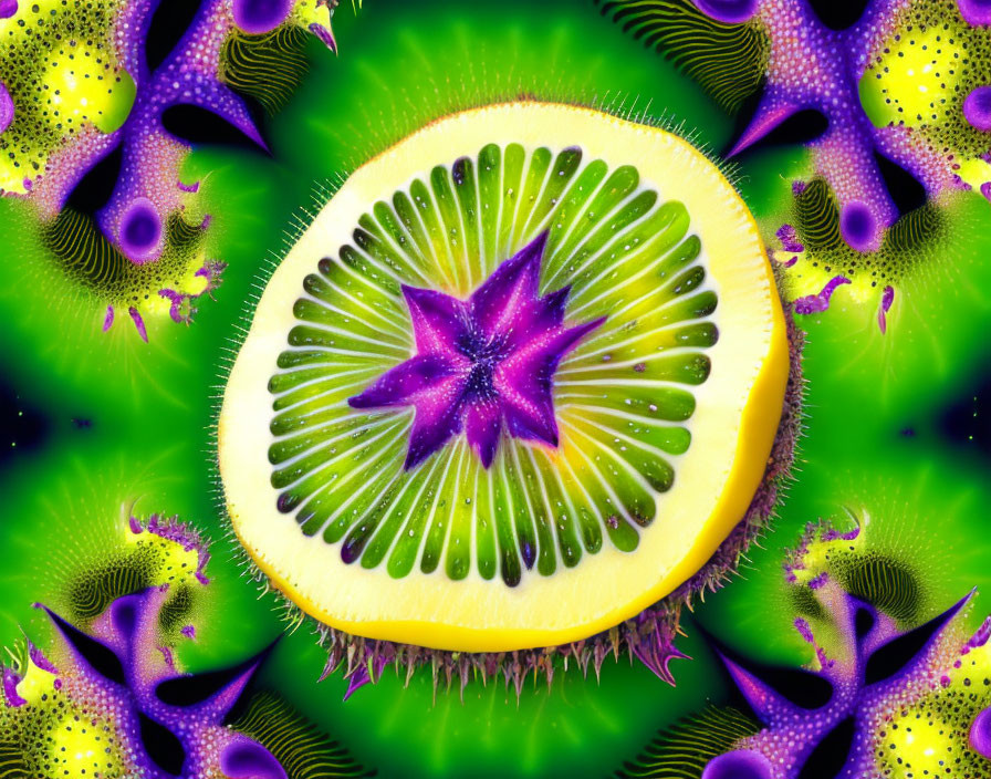 Colorful Digital Artwork: Kiwi Slice with Abstract Patterns on Neon Green