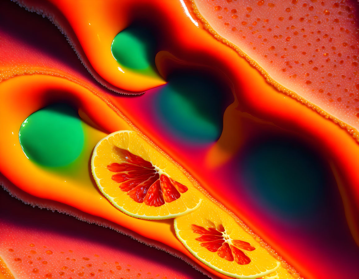 Colorful liquid art close-up with orange slices and swirling patterns