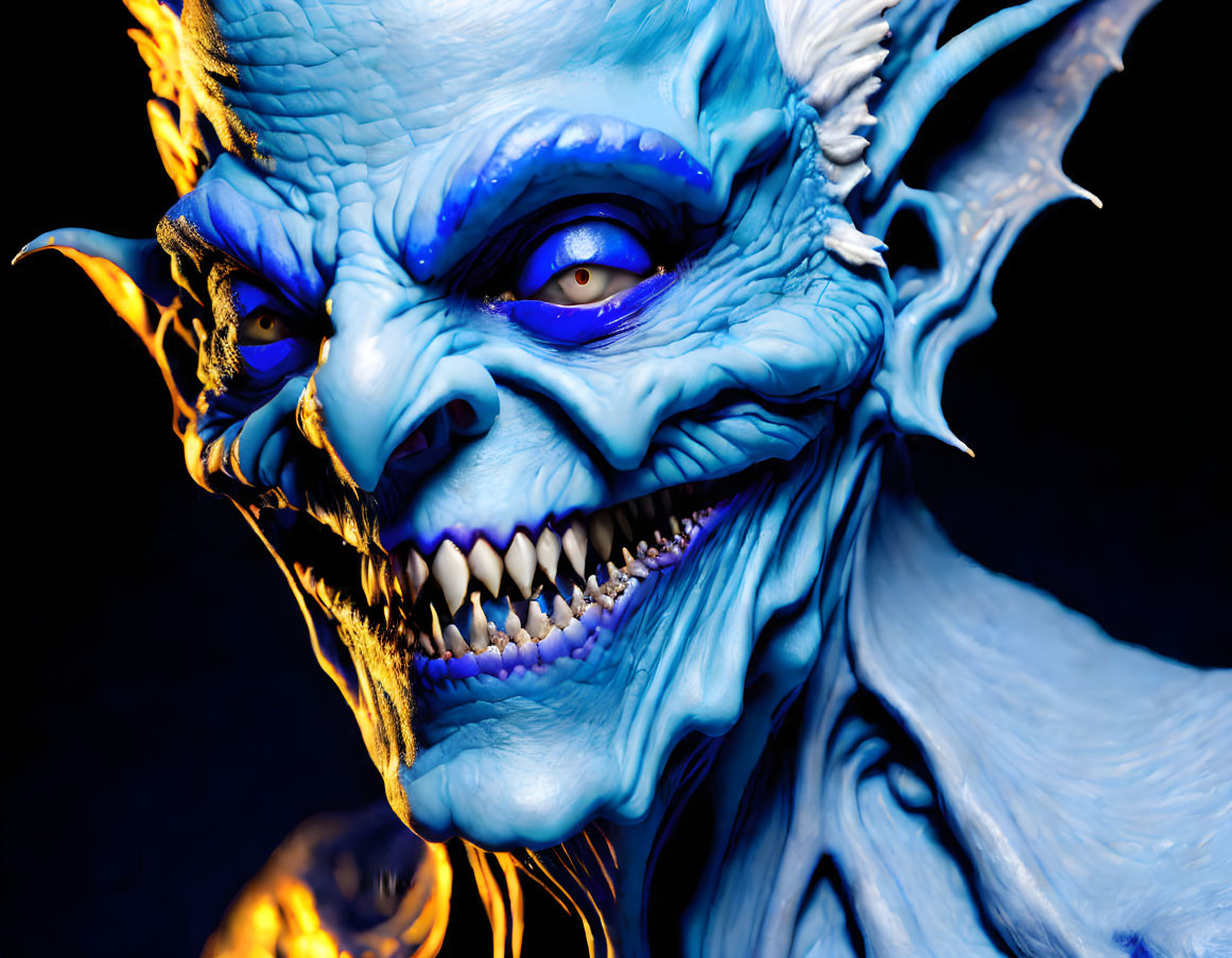 Menacing blue demon with sharp teeth and glowing purple eyes