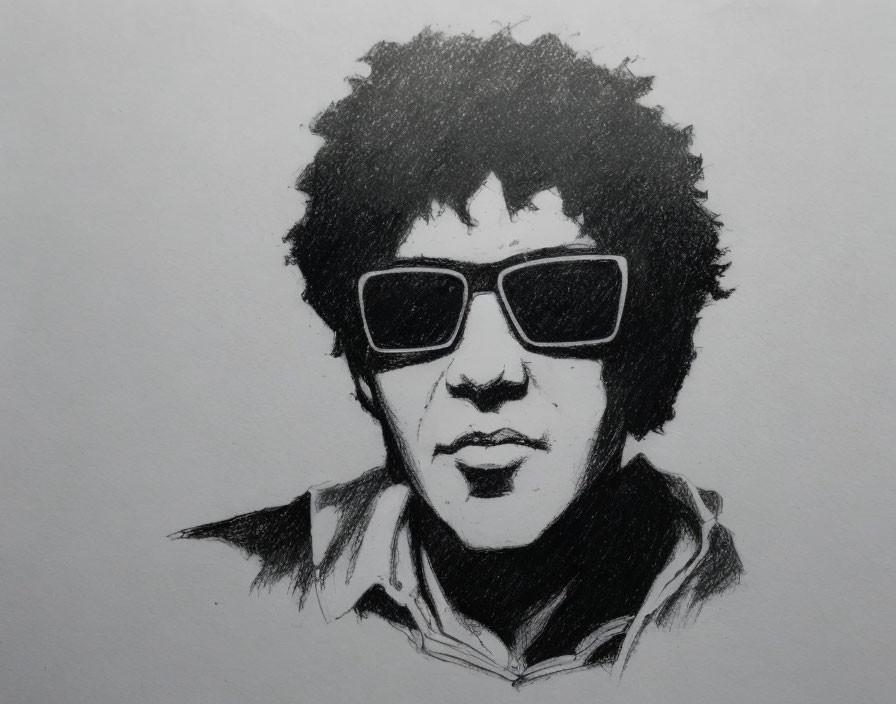 Person with Afro Hairstyle in Sunglasses and Collared Shirt Sketch
