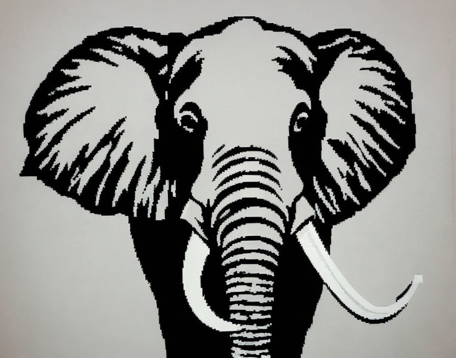 Monochrome illustration of an elephant with large tusks and flared ears