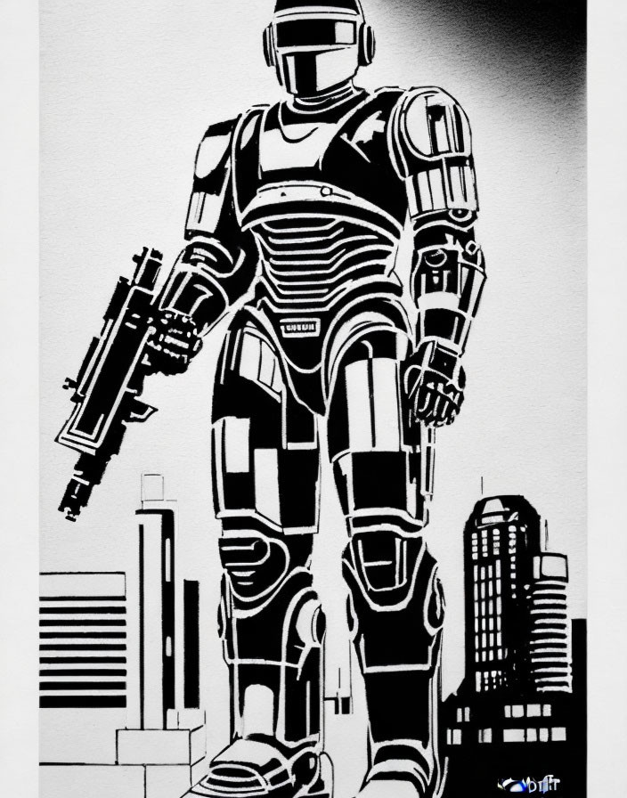 Monochromatic futuristic robot with gun against city skyline.