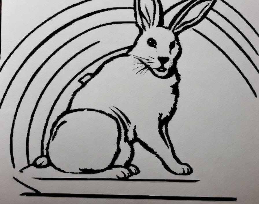 Monochrome Rabbit Drawing with Stylized Arches